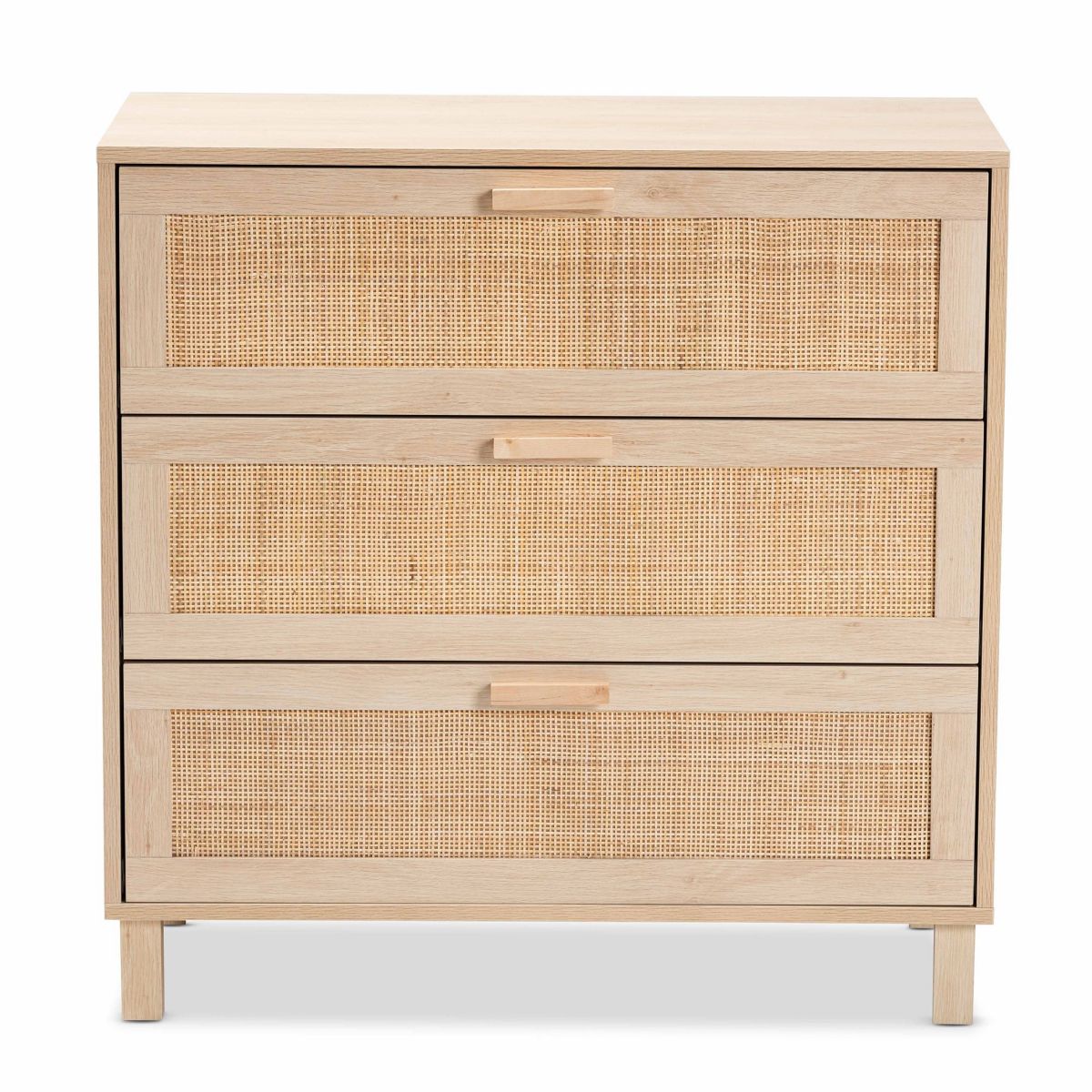 Sebille Mid-Century Modern Light Brown Finished Wood 3-Drawer Storage Cabinet with Natural Rattan