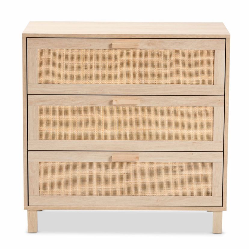 Sebille Mid-Century Modern Light Brown Finished Wood 3-Drawer Storage Cabinet with Natural Rattan