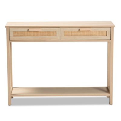 Sebille Mid-Century Modern Light Brown Finished Wood 2-Drawer Console Table with Natural Rattan