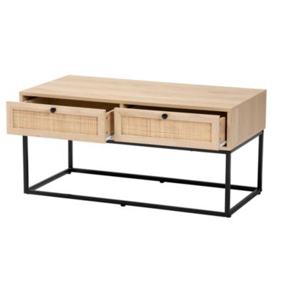 Amelia Mid-Century Modern Transitional Natural Brown Finished Wood and Natural Rattan 2-Drawer Coffee Table