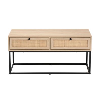 Amelia Mid-Century Modern Transitional Natural Brown Finished Wood and Natural Rattan 2-Drawer Coffee Table