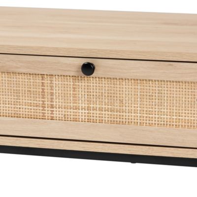 Amelia Mid-Century Modern Transitional Natural Brown Finished Wood and Natural Rattan 2-Drawer Coffee Table