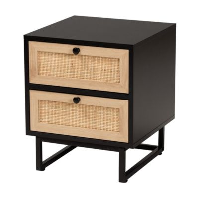 Declan Mid-Century Modern Espresso Brown Finished Wood and Natural Rattan 2-Drawer End Table