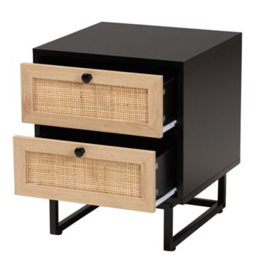 Declan Mid-Century Modern Espresso Brown Finished Wood and Natural Rattan 2-Drawer End Table