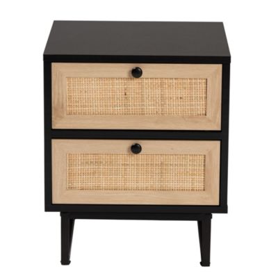 Declan Mid-Century Modern Espresso Brown Finished Wood and Natural Rattan 2-Drawer End Table