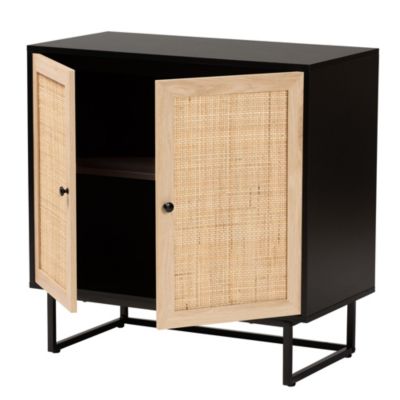 Declan Mid-Century Modern Espresso Brown Finished Wood and Natural Rattan 2-Door Storage Cabinet