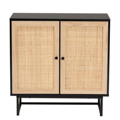 Declan Mid-Century Modern Espresso Brown Finished Wood and Natural Rattan 2-Door Storage Cabinet