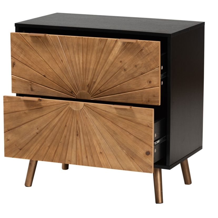 Richardson Mid-Century Transitional Two-Tone Black and Natural Brown Finished Wood 2-Drawer Storage Cabinet