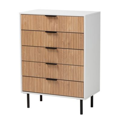 Karima Mid-Century Modern Two-Tone White and Natural Brown Finished Wood and Black Metal 5-Drawer Storage Cabinet