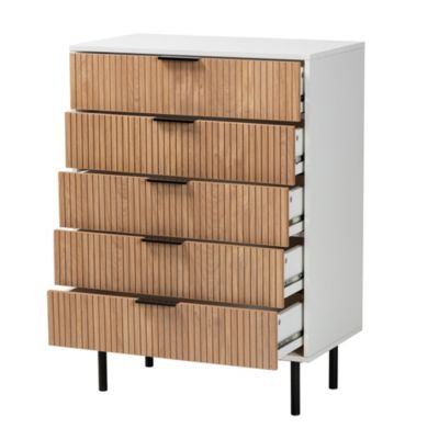 Karima Mid-Century Modern Two-Tone White and Natural Brown Finished Wood and Black Metal 5-Drawer Storage Cabinet