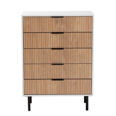 Karima Mid-Century Modern Two-Tone White and Natural Brown Finished Wood and Black Metal 5-Drawer Storage Cabinet