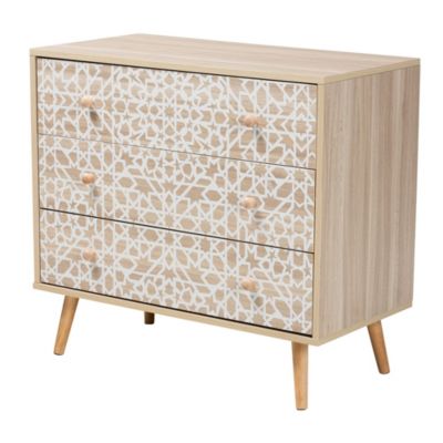 Beau Mid-Century Modern Transitional Two-Tone White and Oak Brown Finished Wood 3-Drawer Storage Cabinet