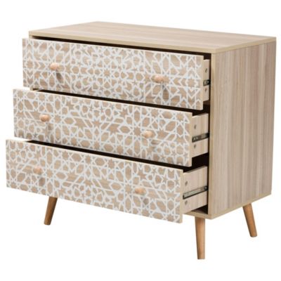 Beau Mid-Century Modern Transitional Two-Tone White and Oak Brown Finished Wood 3-Drawer Storage Cabinet