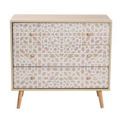 Beau Mid-Century Modern Transitional Two-Tone White and Oak Brown Finished Wood 3-Drawer Storage Cabinet