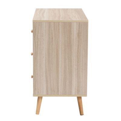 Beau Mid-Century Modern Transitional Two-Tone White and Oak Brown Finished Wood 3-Drawer Storage Cabinet