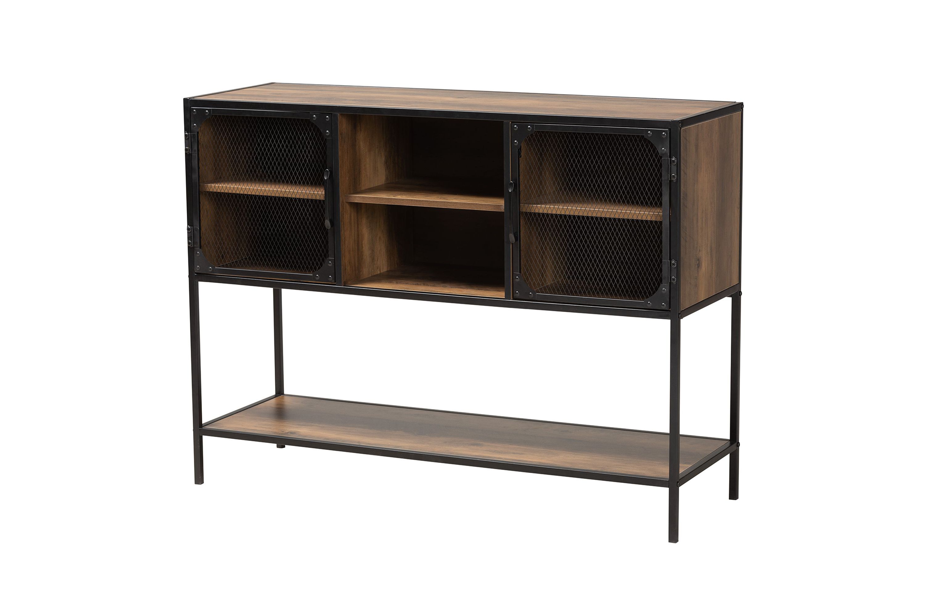 Cardea Modern Industrial Walnut Brown Finished Wood and Black Metal 2-Door Sideboard