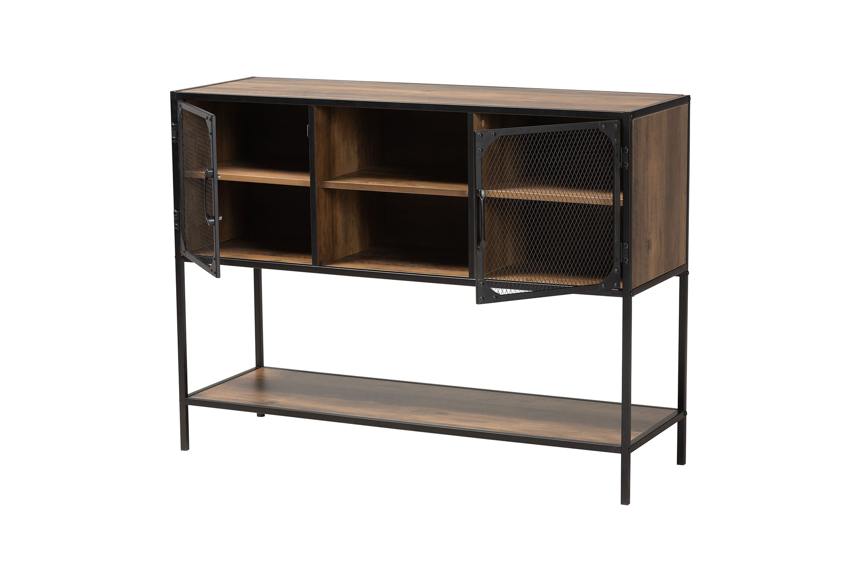 Cardea Modern Industrial Walnut Brown Finished Wood and Black Metal 2-Door Sideboard