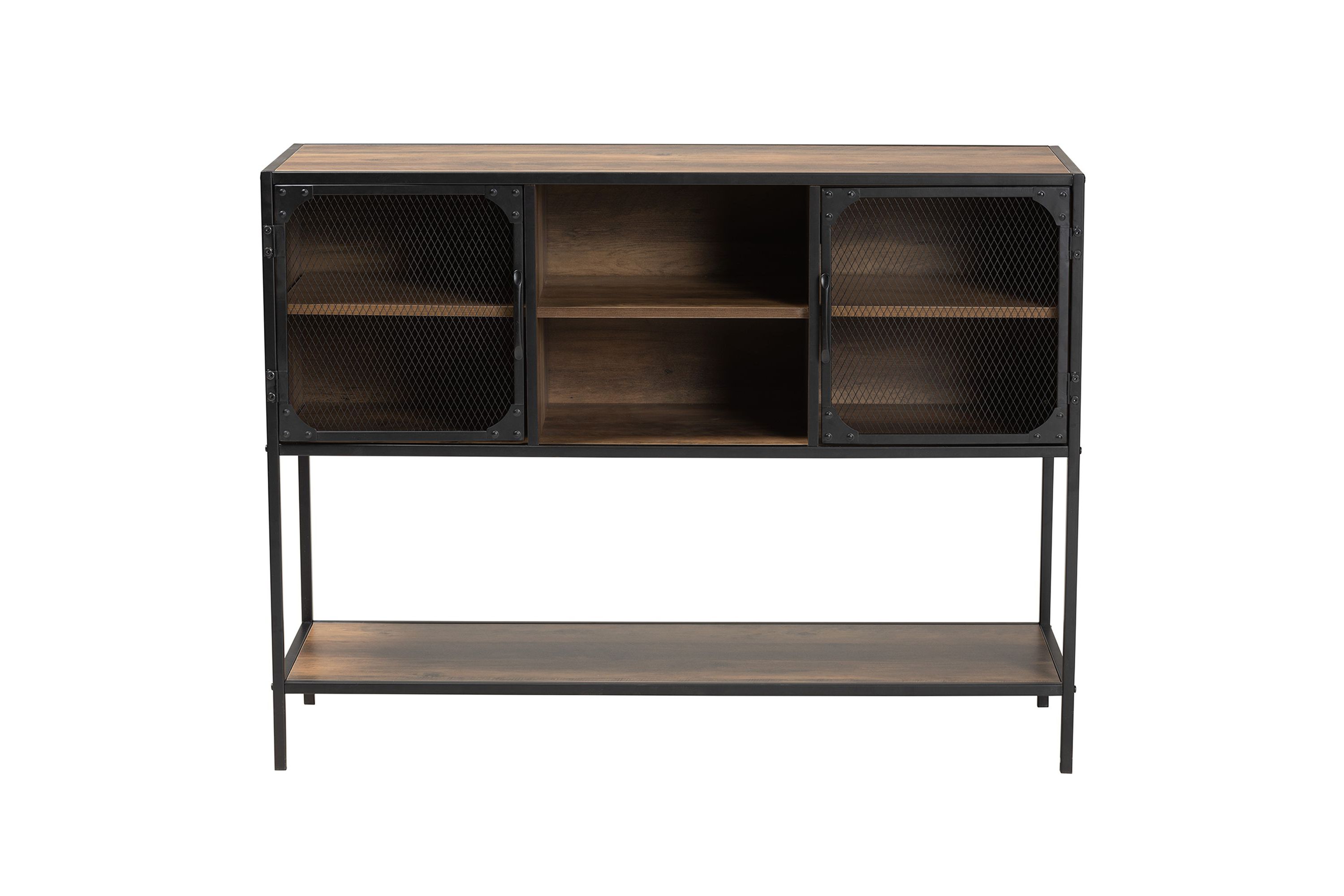 Cardea Modern Industrial Walnut Brown Finished Wood and Black Metal 2-Door Sideboard