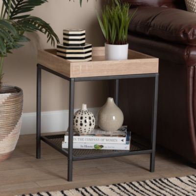 Overton Modern Industrial Oak Brown Finished Wood and Black Metal End Table