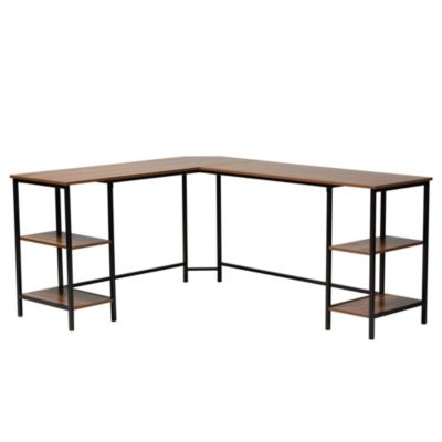 Lydia Modern Walnut Brown Finished Wood and Black Metal L-Shaped Corner Desk with Shelves