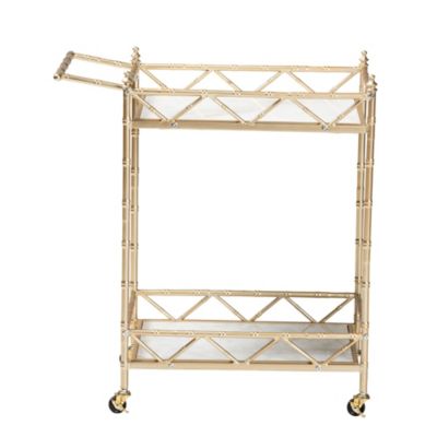 Mela Contemporary Glam and Luxe Gold Metal and White Marble 2-Tier Wine Cart