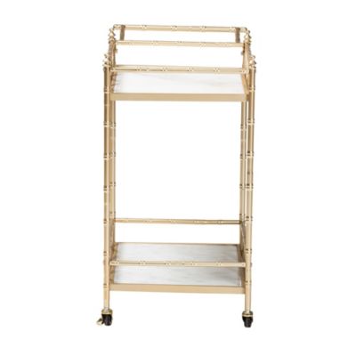 Mela Contemporary Glam and Luxe Gold Metal and White Marble 2-Tier Wine Cart
