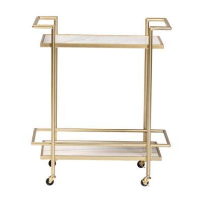 Louise Contemporary Glam and Luxe Gold Metal and White Marble 2-Tier Wine Cart