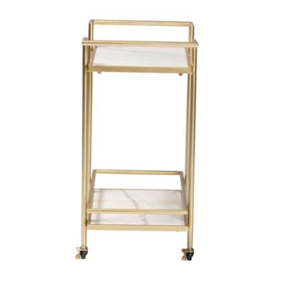 Louise Contemporary Glam and Luxe Gold Metal and White Marble 2-Tier Wine Cart