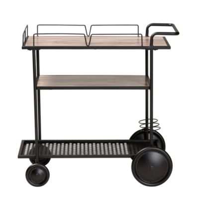 Huntley Modern Industrial Walnut Brown Finished Wood and Black Metal Mobile Wine Cart