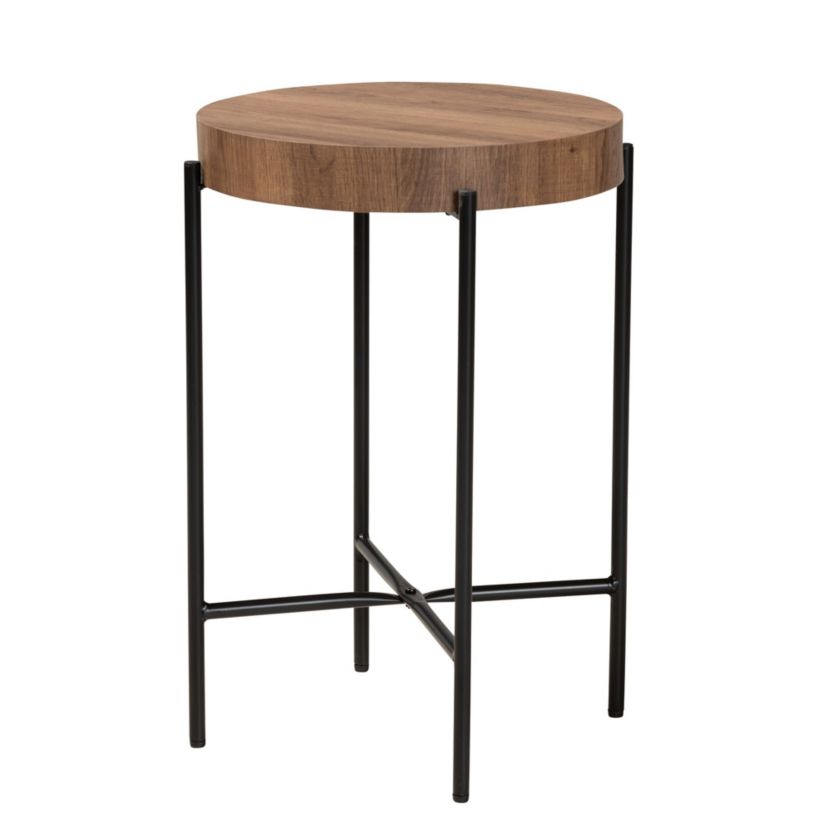 Savion Modern Industrial Walnut Brown Finished Wood and Black Metal End Table