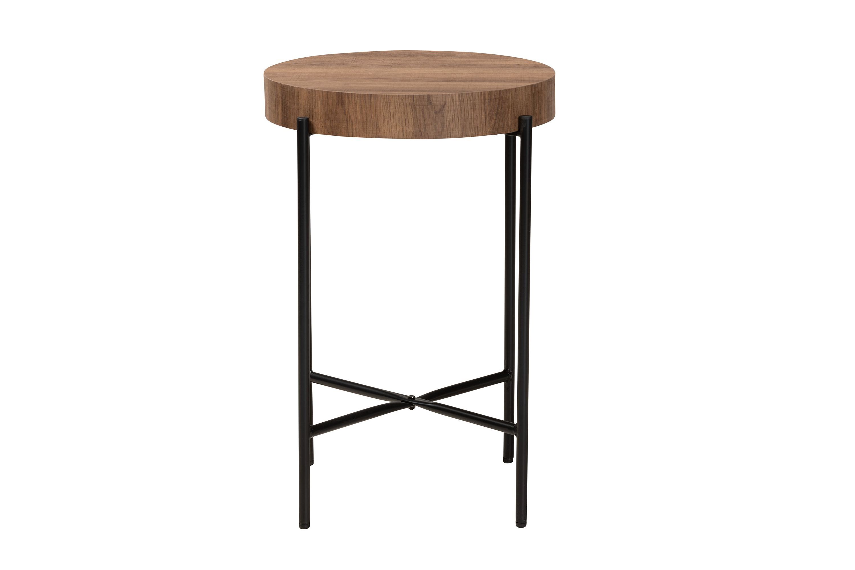 Savion Modern Industrial Walnut Brown Finished Wood and Black Metal End Table