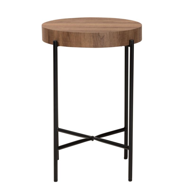 Savion Modern Industrial Walnut Brown Finished Wood and Black Metal End Table