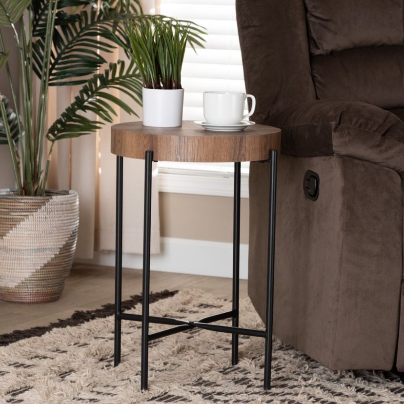 Savion Modern Industrial Walnut Brown Finished Wood and Black Metal End Table