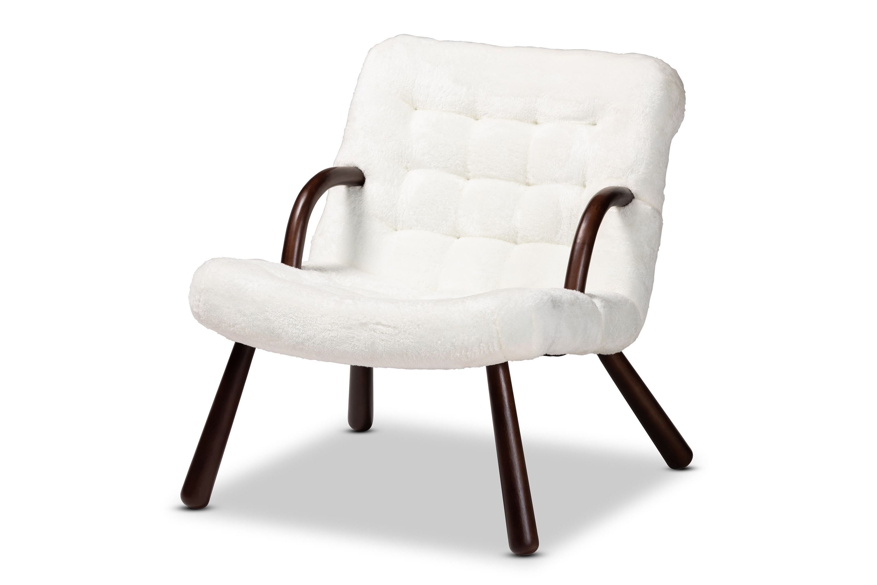 Eisa Modern and Contemporary White Sherpa Upholstered and Walnut Brown Finished Wood Accent Chair