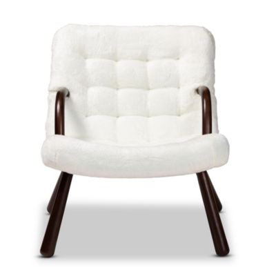 Eisa Modern and Contemporary White Sherpa Upholstered and Walnut Brown Finished Wood Accent Chair