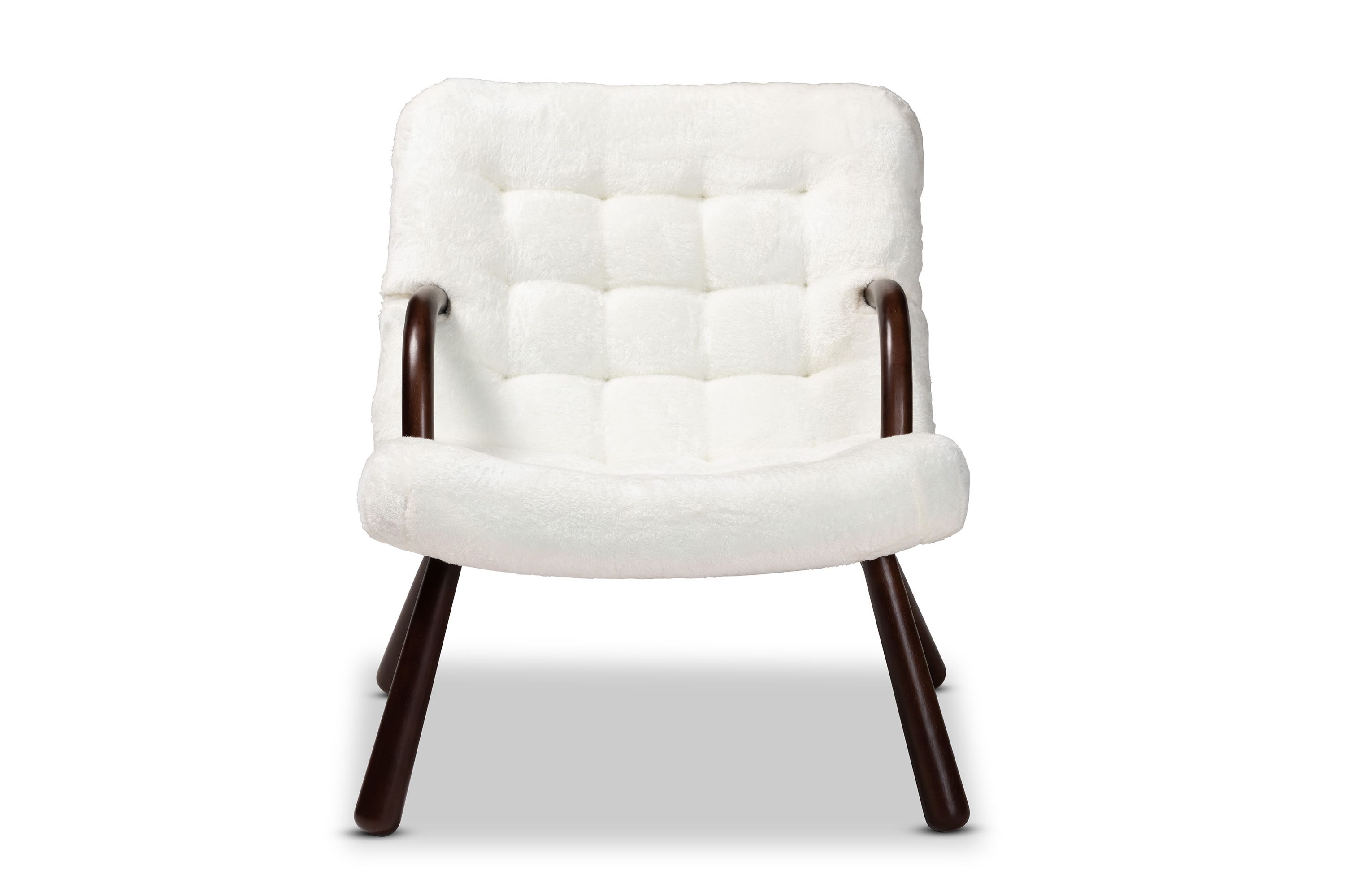 Eisa Modern and Contemporary White Sherpa Upholstered and Walnut Brown Finished Wood Accent Chair