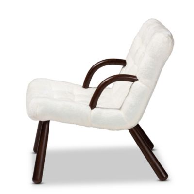 Eisa Modern and Contemporary White Sherpa Upholstered and Walnut Brown Finished Wood Accent Chair