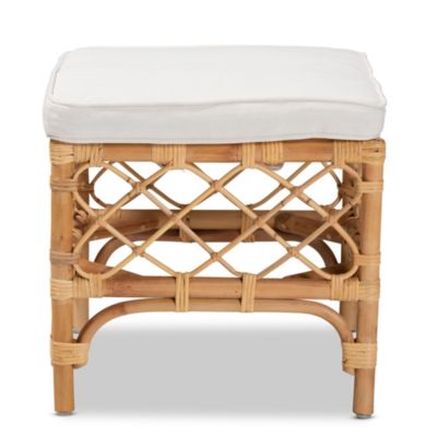 Orchard Modern Bohemian White Fabric Upholstered and Natural Brown Rattan Ottoman