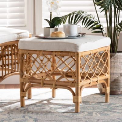 Orchard Modern Bohemian White Fabric Upholstered and Natural Brown Rattan Ottoman