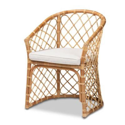 Orchard Modern Bohemian White Fabric Upholstered and Natural Brown Rattan Dining Chairs