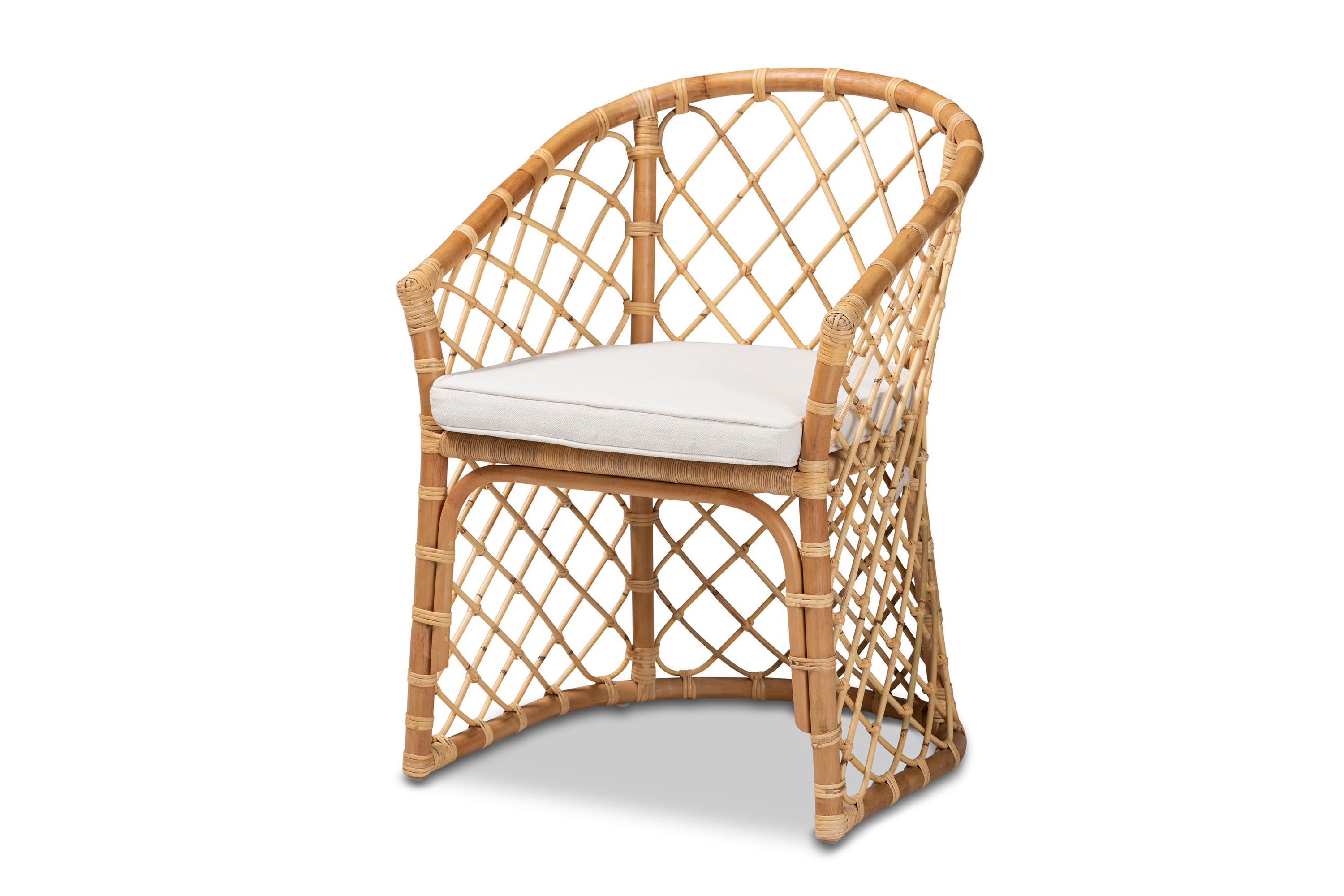 Orchard Modern Bohemian White Fabric Upholstered and Natural Brown Rattan Dining Chairs