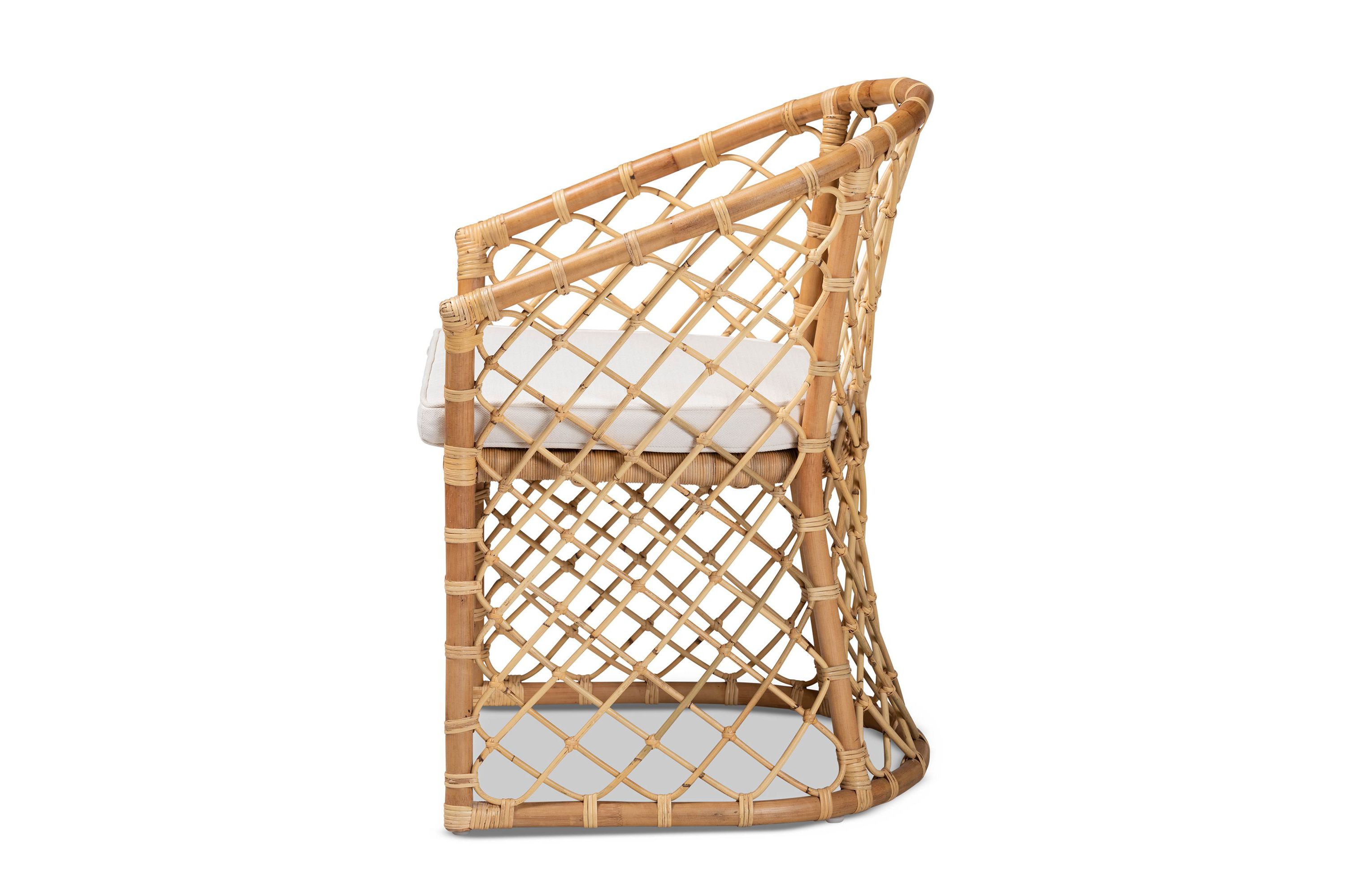 Orchard Modern Bohemian White Fabric Upholstered and Natural Brown Rattan Dining Chairs