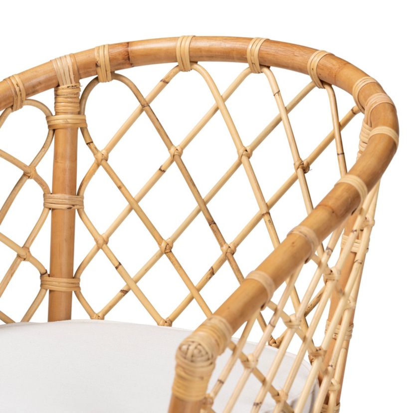 Orchard Modern Bohemian White Fabric Upholstered and Natural Brown Rattan Dining Chairs