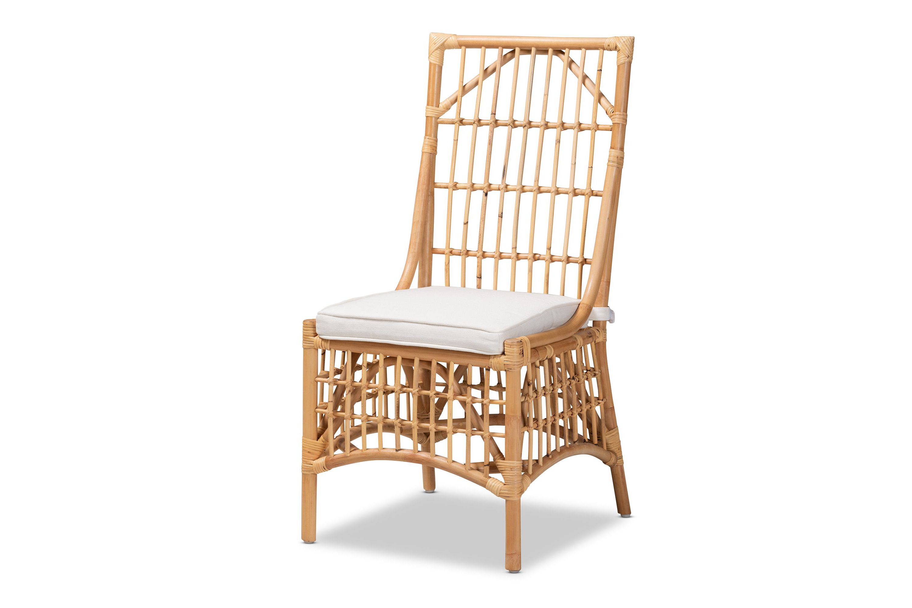 Rose Modern Bohemian White Fabric Upholstered and Natural Brown Rattan Dining Chairs