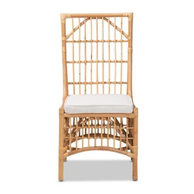 Rose Modern Bohemian White Fabric Upholstered and Natural Brown Rattan Dining Chairs