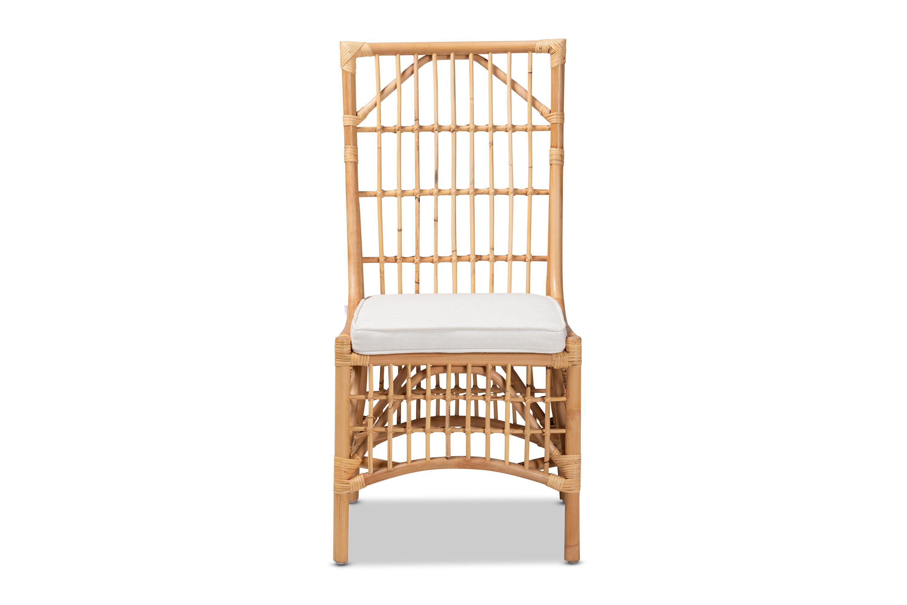 Rose Modern Bohemian White Fabric Upholstered and Natural Brown Rattan Dining Chairs