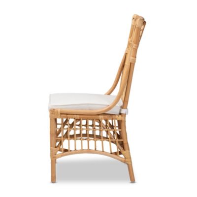 Rose Modern Bohemian White Fabric Upholstered and Natural Brown Rattan Dining Chairs