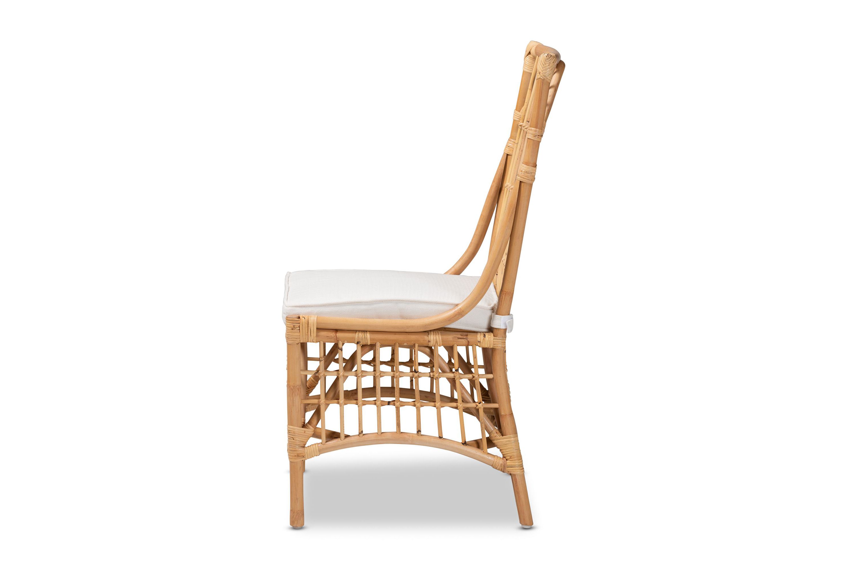 Rose Modern Bohemian White Fabric Upholstered and Natural Brown Rattan Dining Chairs