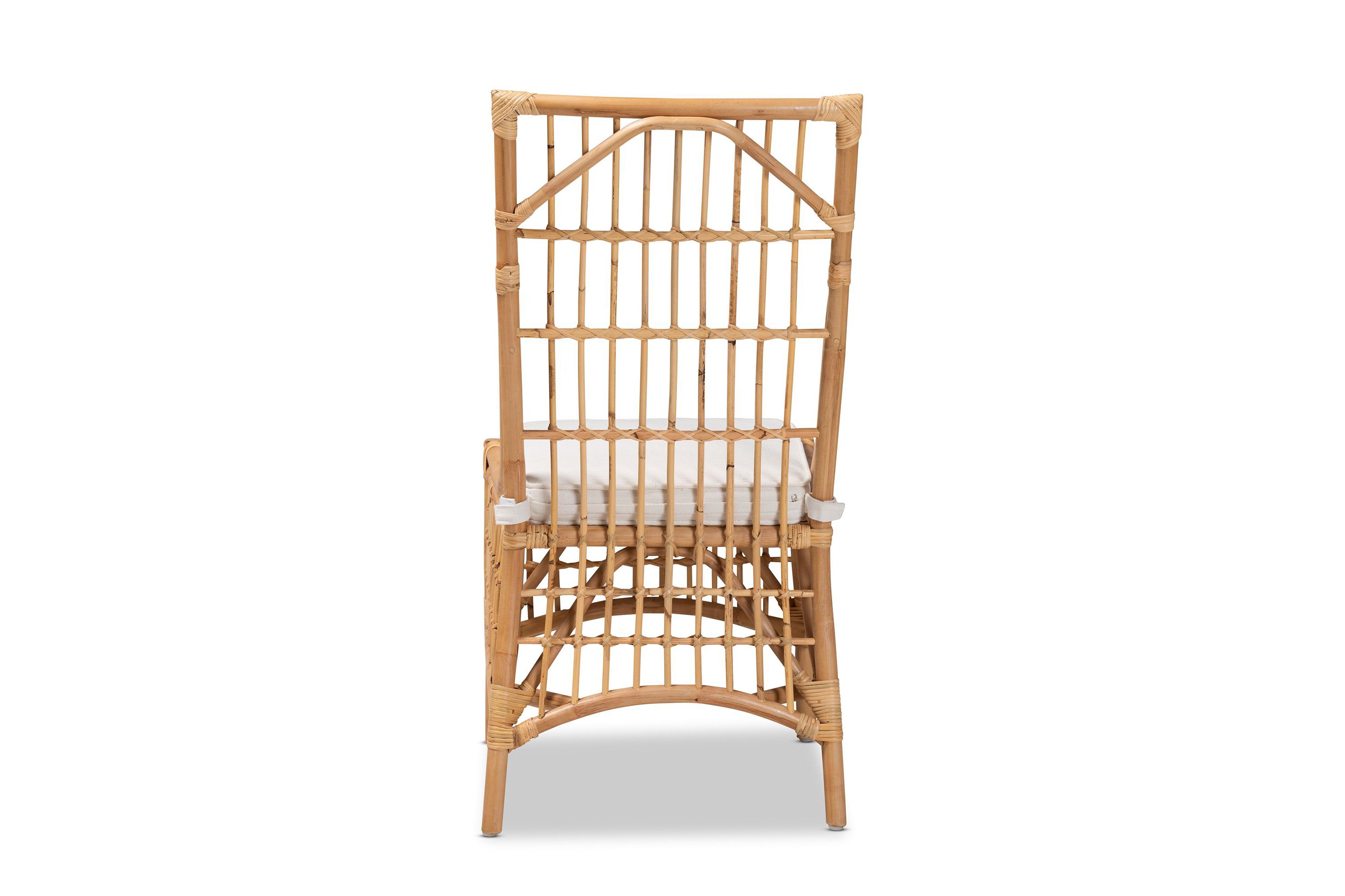 Rose Modern Bohemian White Fabric Upholstered and Natural Brown Rattan Dining Chairs