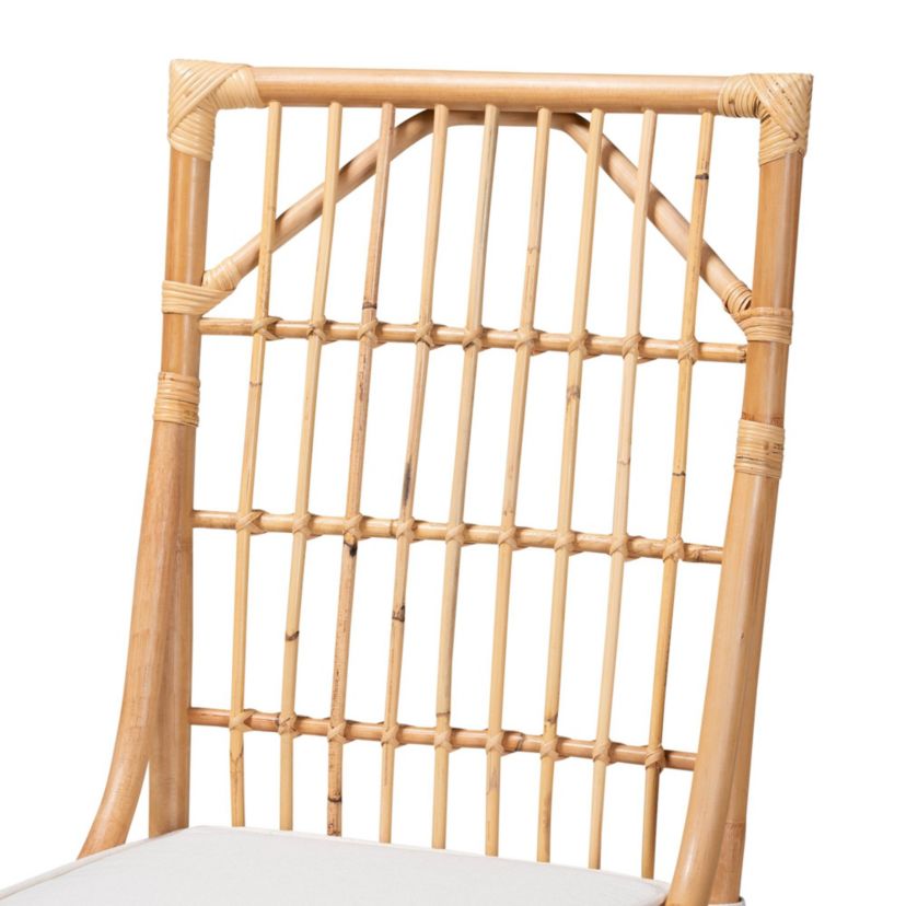 Rose Modern Bohemian White Fabric Upholstered and Natural Brown Rattan Dining Chairs